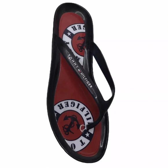 Tommy Hilfiger Black Red Nautical Flat Sandals Rubber Flip Flops  Women’s 7 - Picture 5 of 7